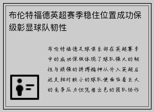 布伦特福德英超赛季稳住位置成功保级彰显球队韧性